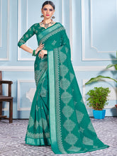 Teal Cotton Silk Printed Saree